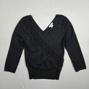 Vintage Cache Black Silk Blend V Neck Fringed Wrap Style Sweater Top Size L‎